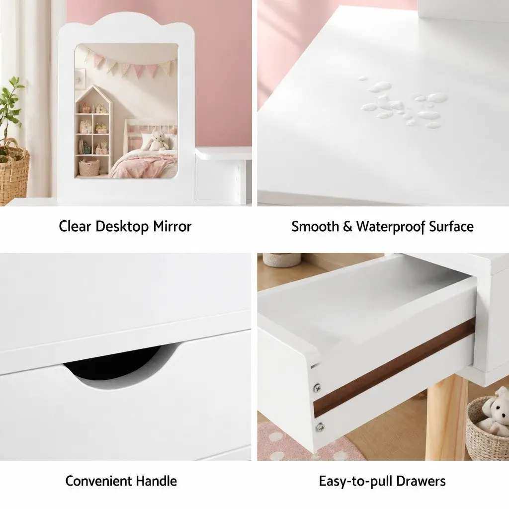 Kids Dressing Table Vanity Set White Wooden 70cm Pine Wood with Chair Mirror Storage