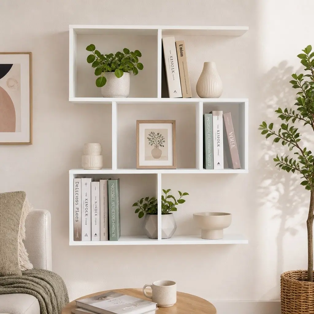 Floating Wall Shelf 3-Tier Display Storage Organiser White Yellow Bookcase