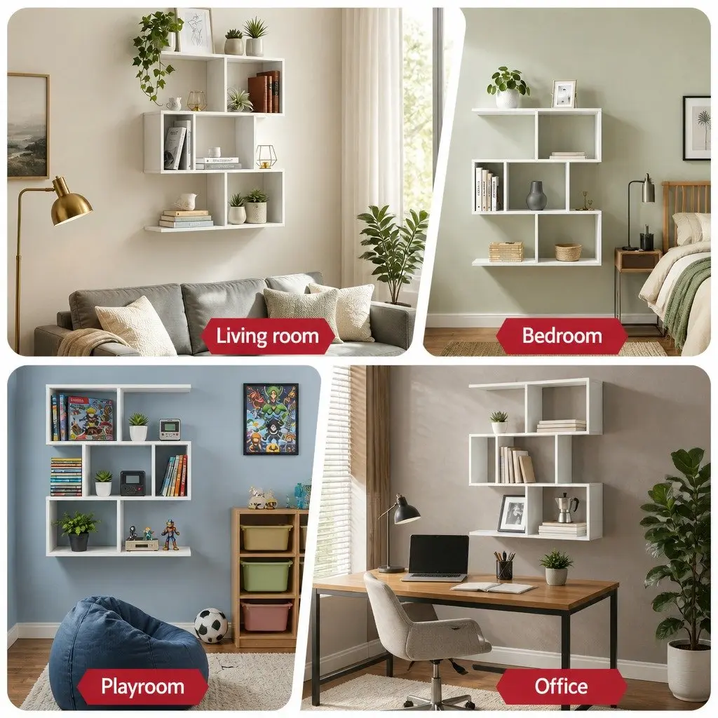 Floating Wall Shelf 3-Tier Display Storage Organiser White Yellow Bookcase