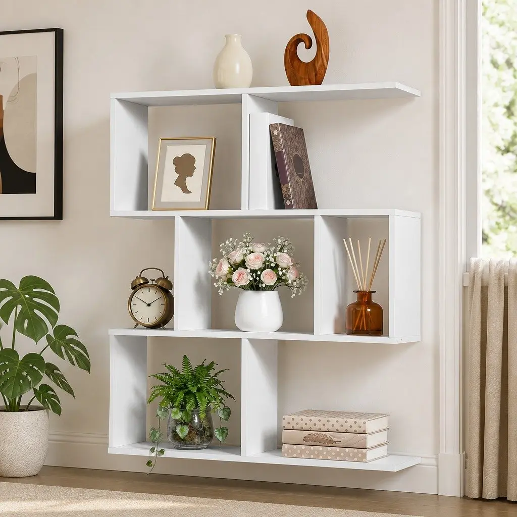 Floating Wall Shelf 3-Tier Display Storage Organiser White Yellow Bookcase
