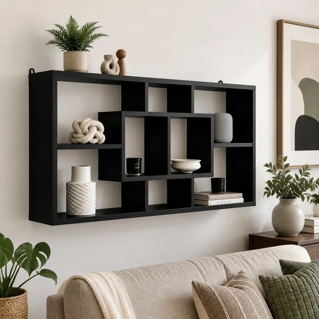 Black Floating Wall Shelf Bookcase with 8 Compartments