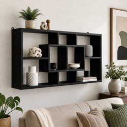 Black Floating Wall Shelf Bookcase with 8 Compartments