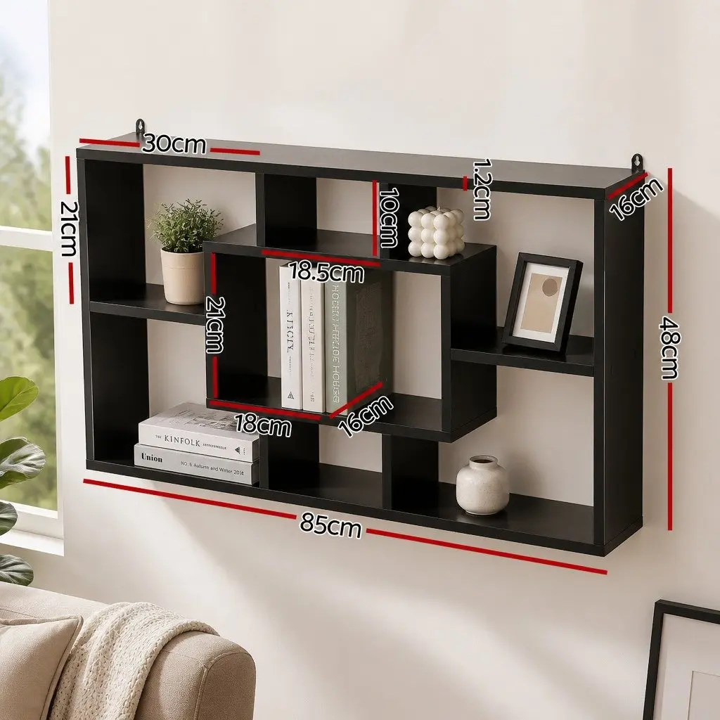 Black Floating Wall Shelf Bookcase with 8 Compartments