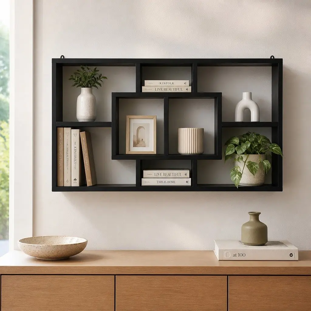 Black Floating Wall Shelf Bookcase with 8 Compartments