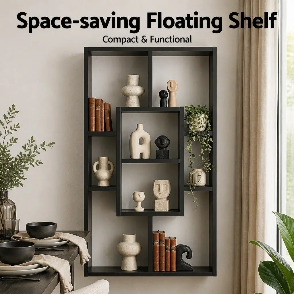 Black Floating Wall Shelf Bookcase with 8 Compartments