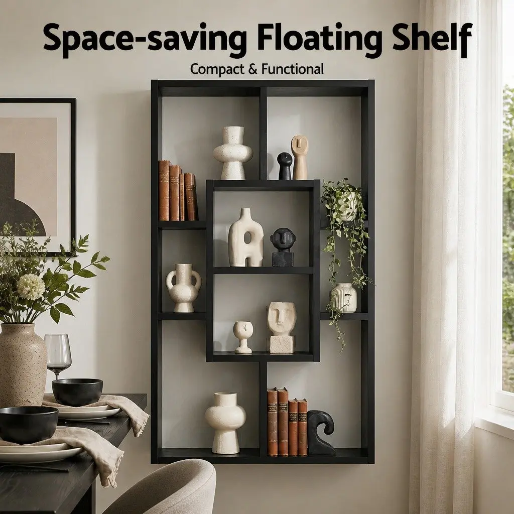Black Floating Wall Shelf Bookcase with 8 Compartments