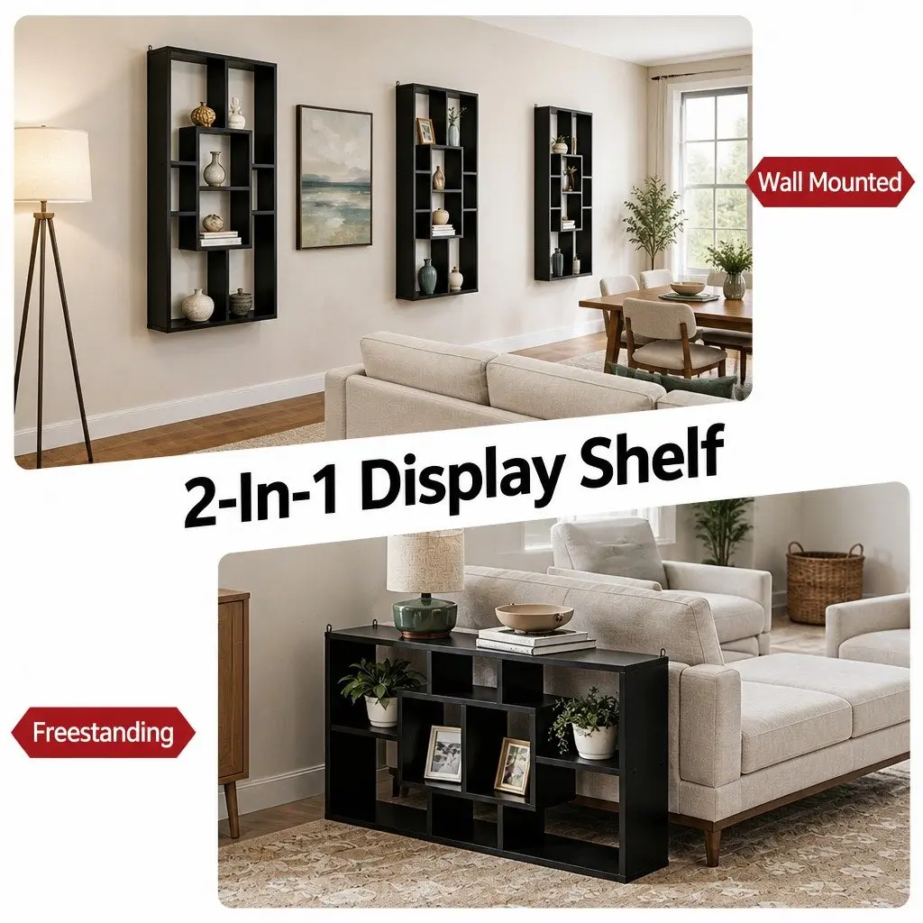Black Floating Wall Shelf Bookcase with 8 Compartments