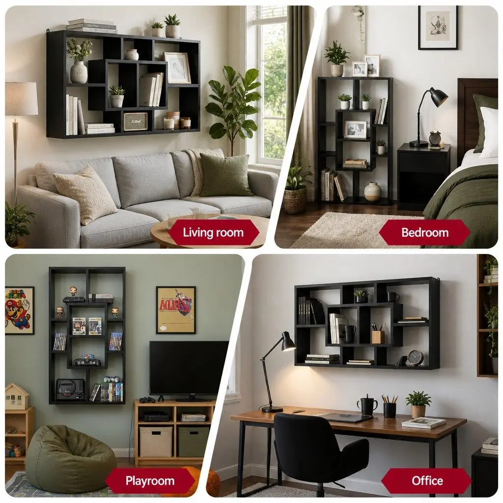 Black Floating Wall Shelf Bookcase with 8 Compartments