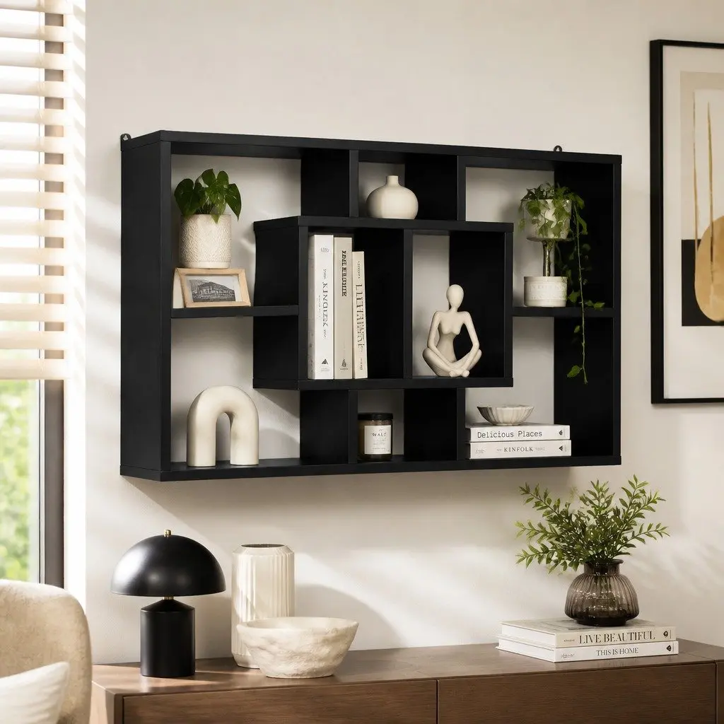 Black Floating Wall Shelf Bookcase with 8 Compartments