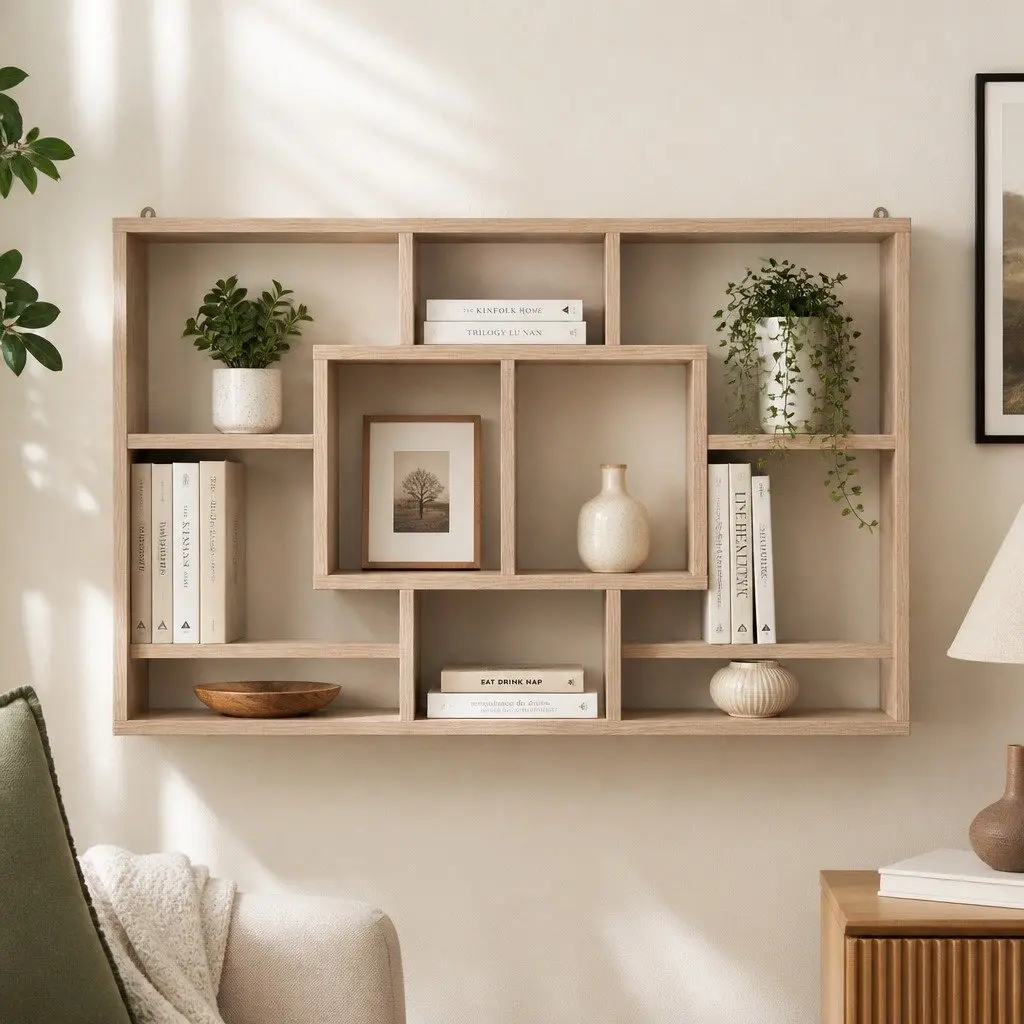 Floating Wall Shelf Display Unit Wood 8 Compartment Vertical Particle Board