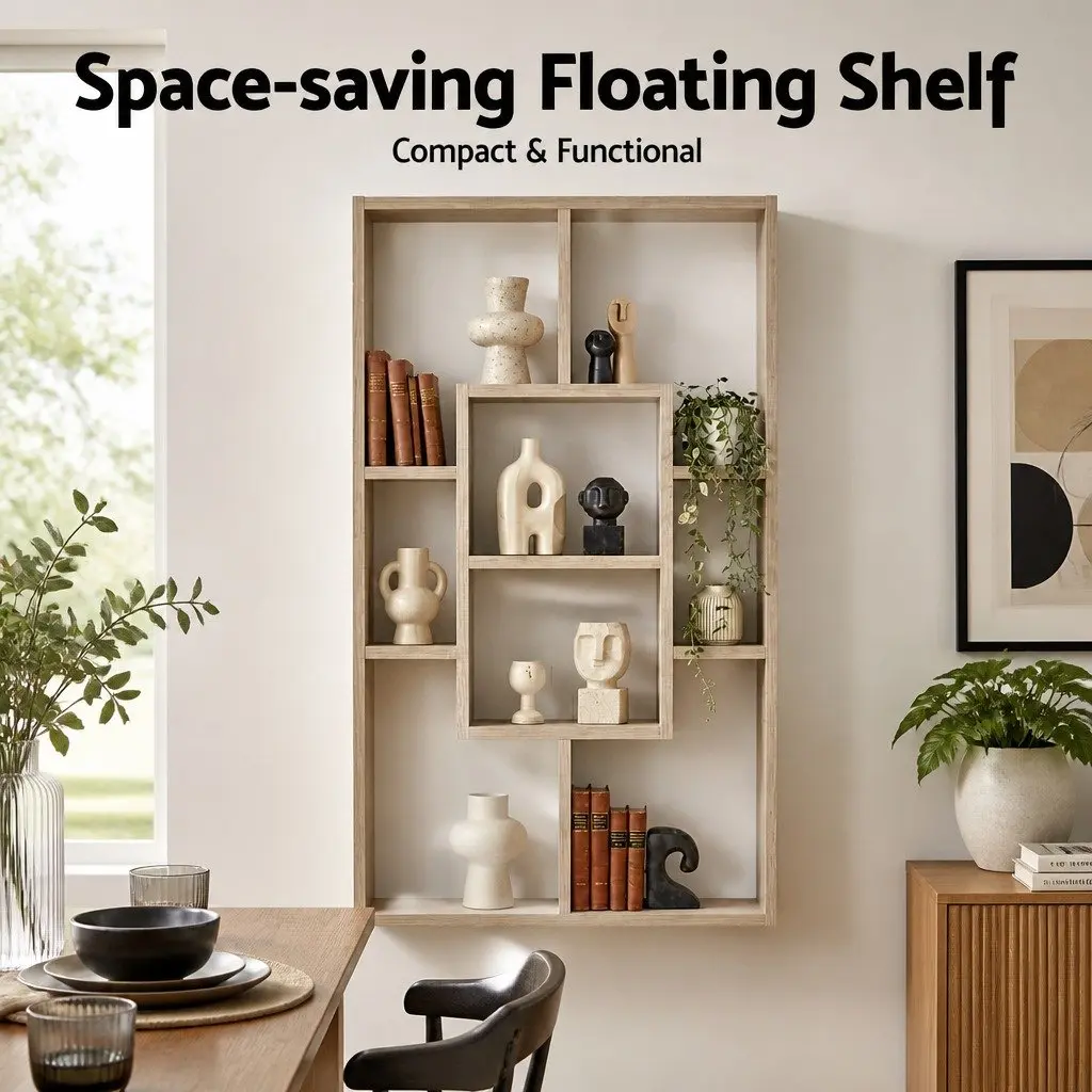 Floating Wall Shelf Display Unit Wood 8 Compartment Vertical Particle Board