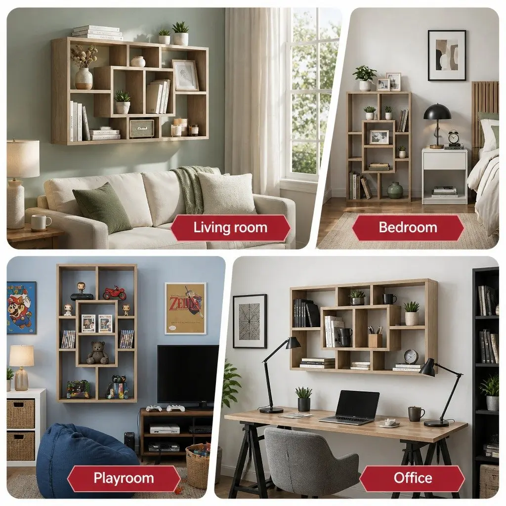 Floating Wall Shelf Display Unit Wood 8 Compartment Vertical Particle Board