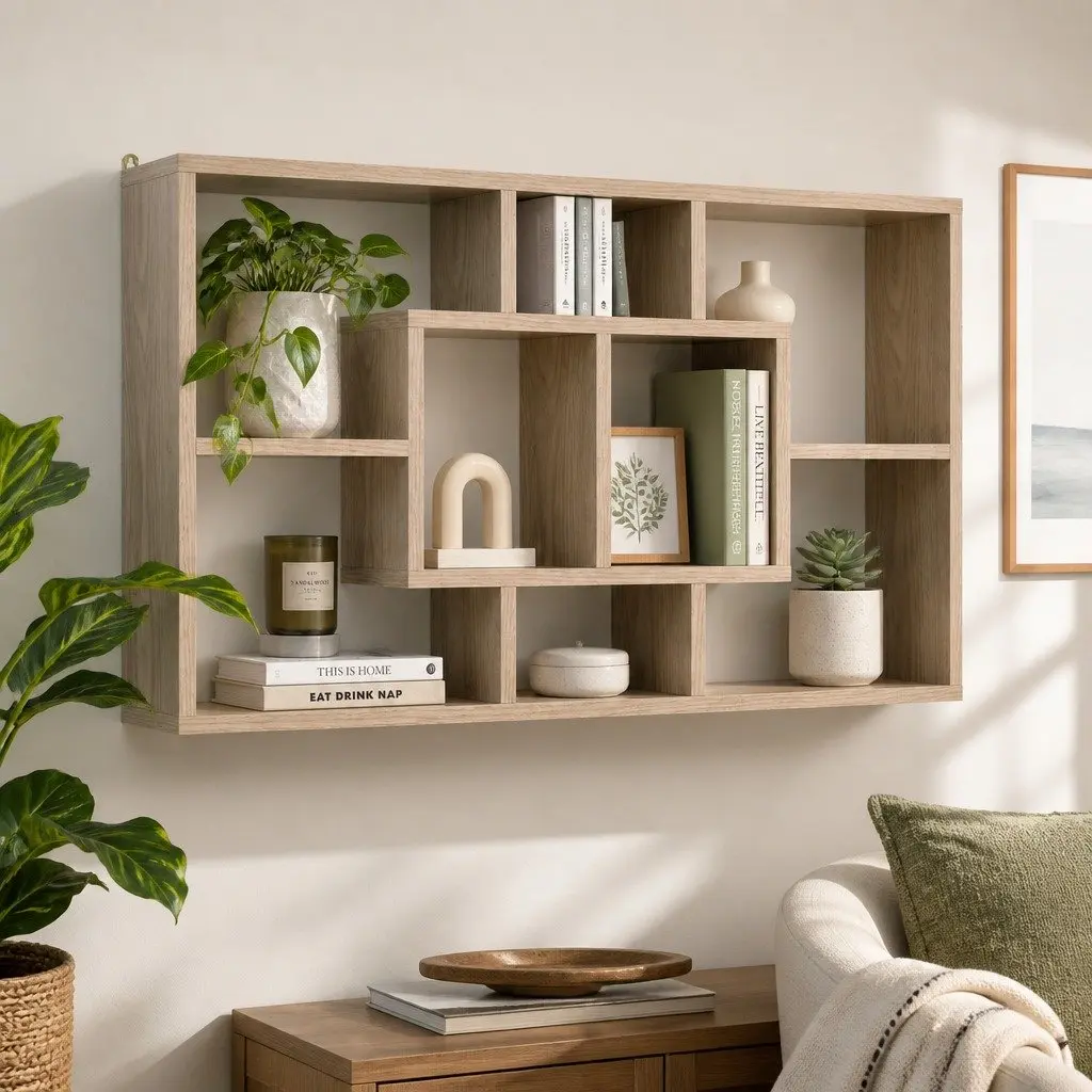 Floating Wall Shelf Display Unit Wood 8 Compartment Vertical Particle Board