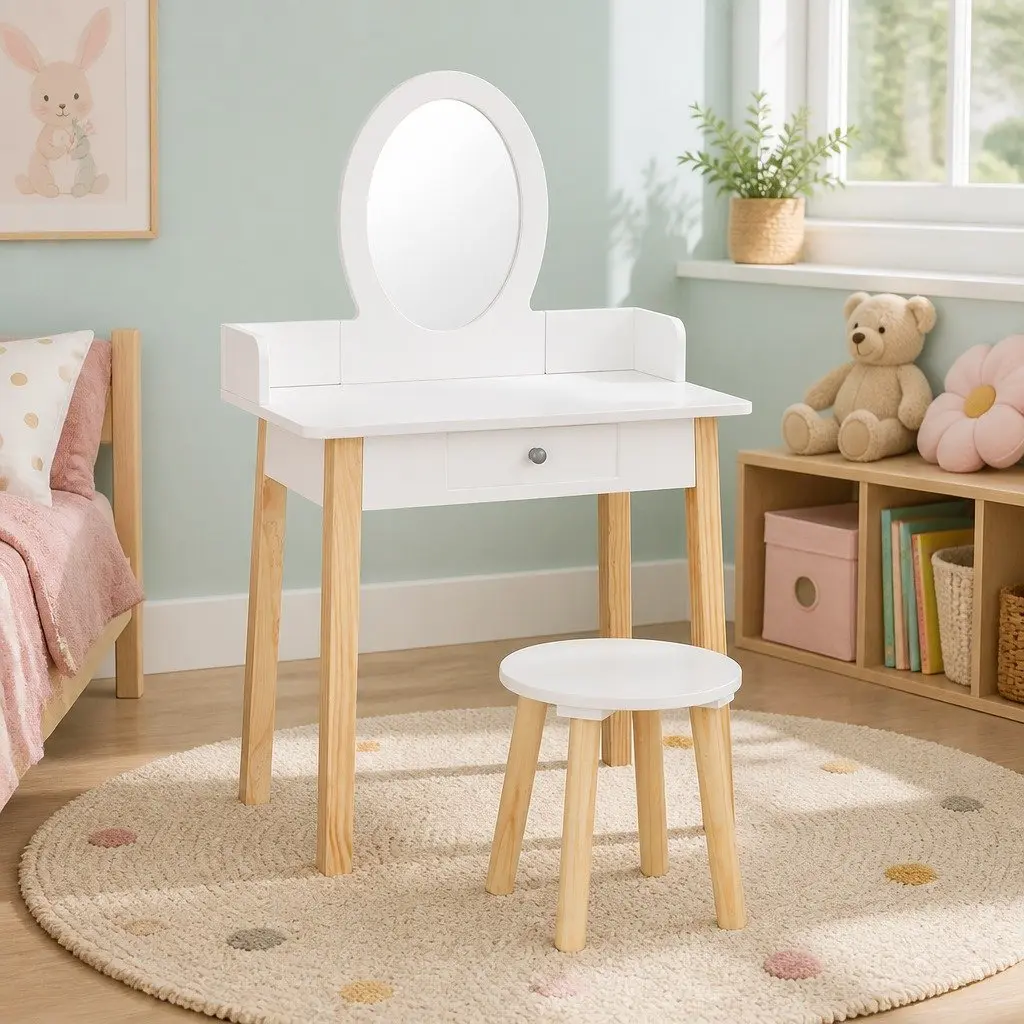 White Kids Vanity Set with Mirror and Chair