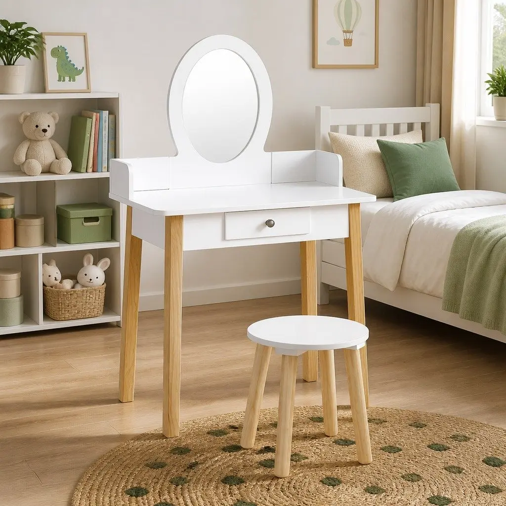 Kids Dressing Table Set White Wooden Leg Vanity Makeup Drawer Mirror