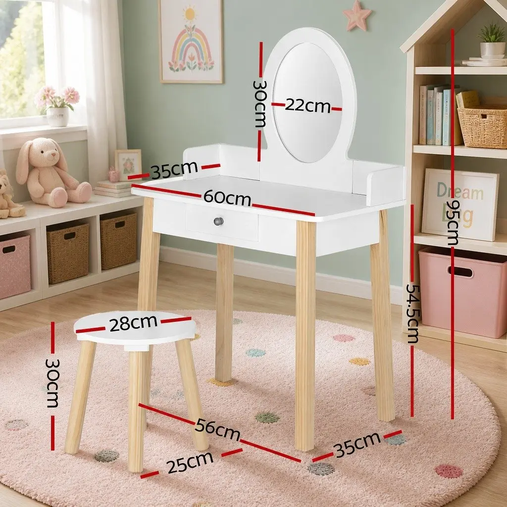 Kids Dressing Table Set White Wooden Leg Vanity Makeup Drawer Mirror