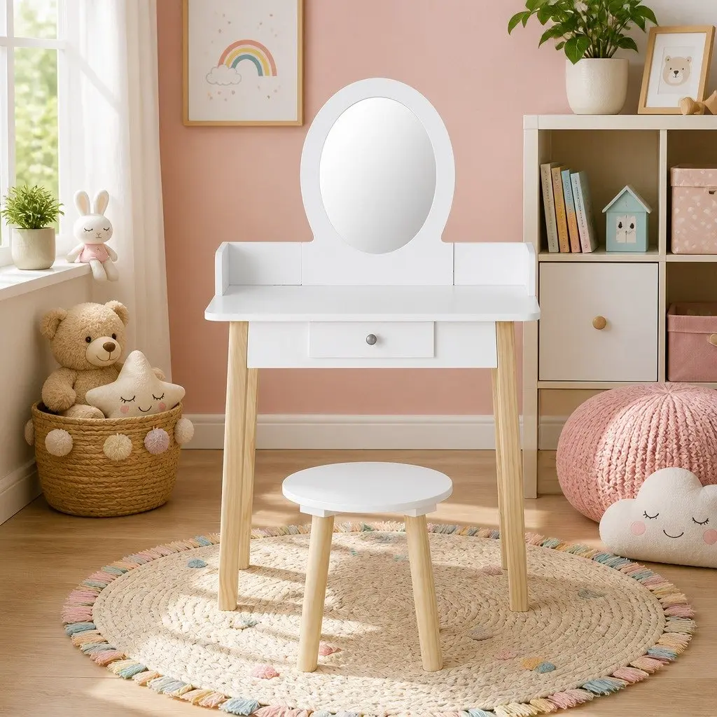 Kids Dressing Table Set White Wooden Leg Vanity Makeup Drawer Mirror