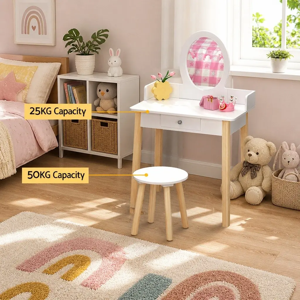 Kids Dressing Table Set White Wooden Leg Vanity Makeup Drawer Mirror