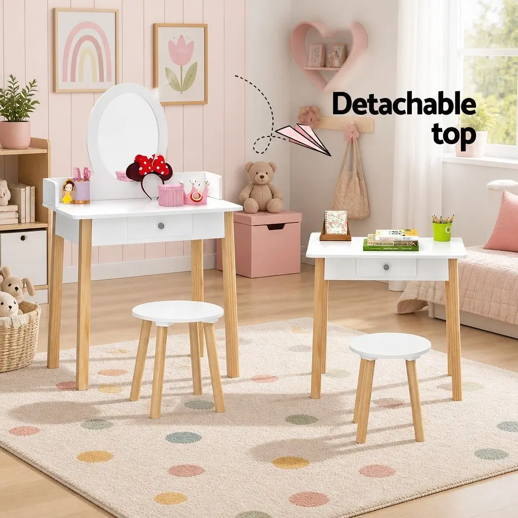 Kids Dressing Table Set White Wooden Leg Vanity Makeup Drawer Mirror