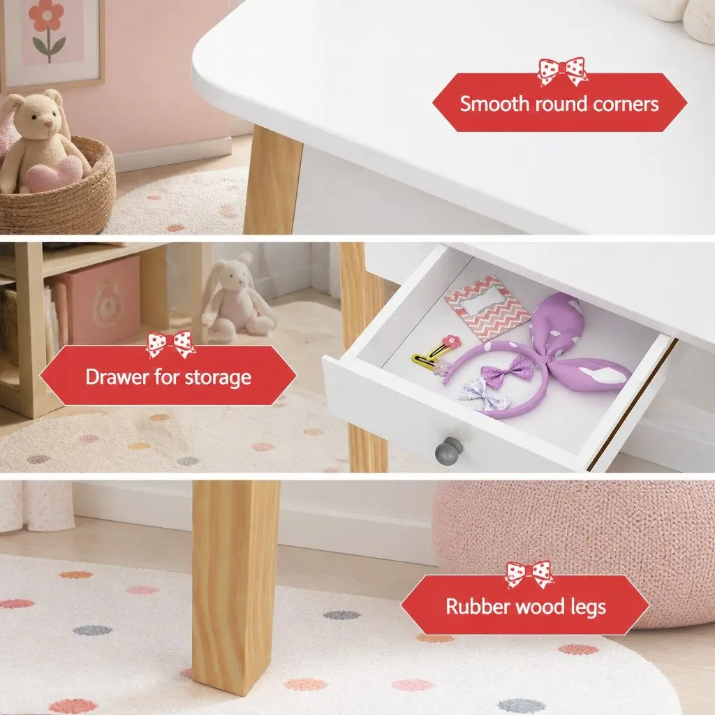 Kids Dressing Table Set White Wooden Leg Vanity Makeup Drawer Mirror