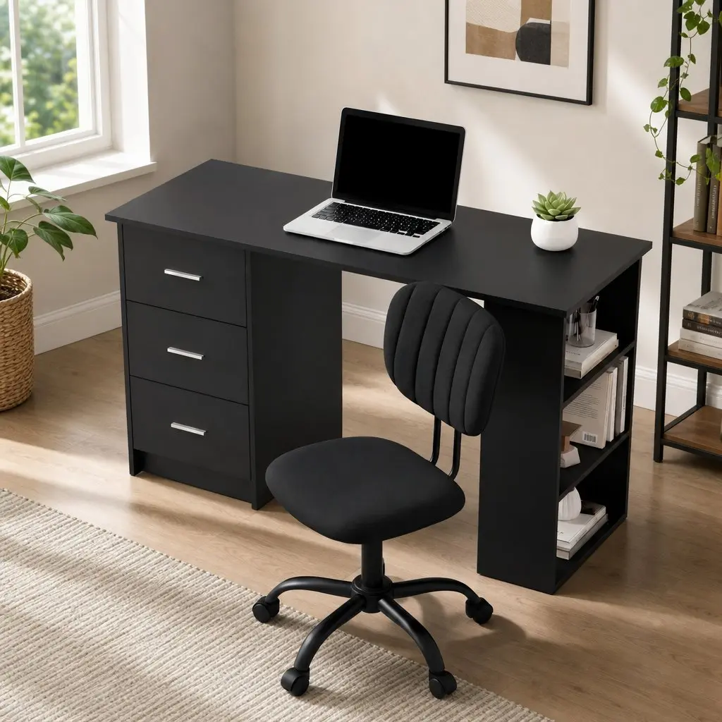 Office Desk Chair Set 120cm Computer Desk 3 Drawers Open Shelves Ergonomic