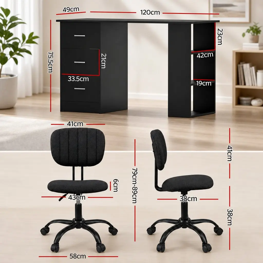 Office Desk Chair Set 120cm Computer Desk 3 Drawers Open Shelves Ergonomic