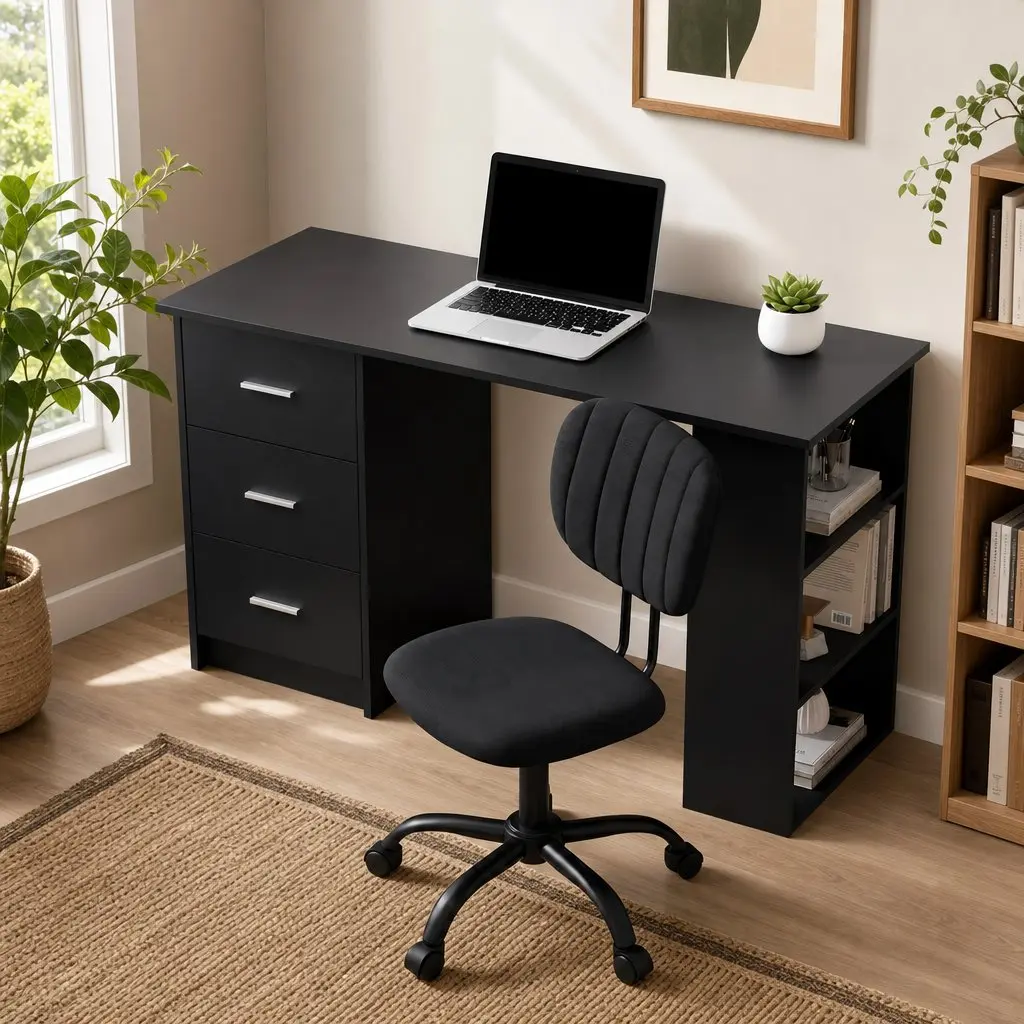 Office Desk Chair Set 120cm Computer Desk 3 Drawers Open Shelves Ergonomic