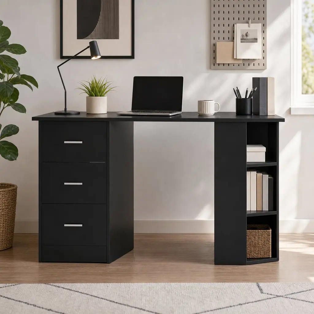 Office Desk Chair Set 120cm Computer Desk 3 Drawers Open Shelves Ergonomic