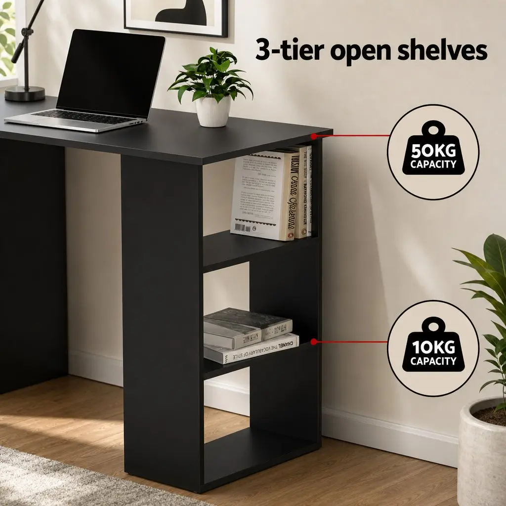 Office Desk Chair Set 120cm Computer Desk 3 Drawers Open Shelves Ergonomic