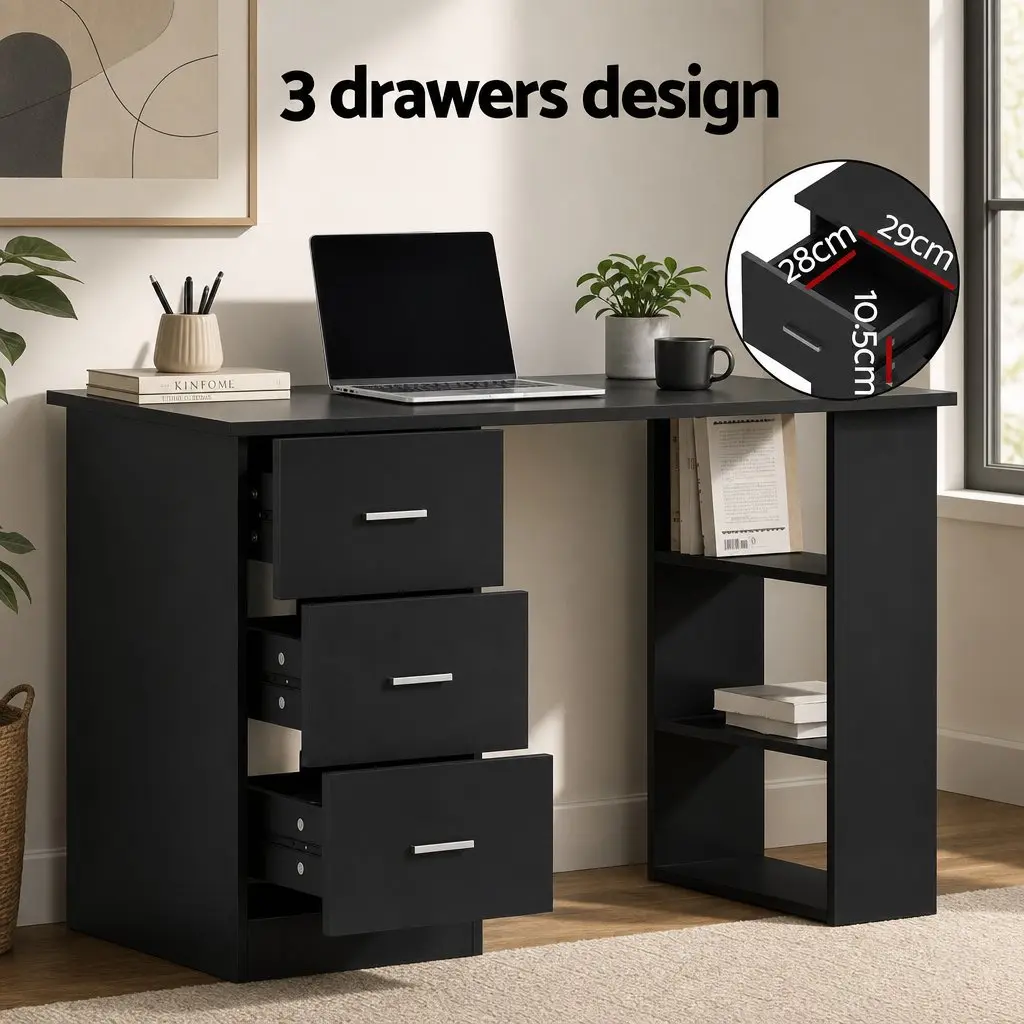 Office Desk Chair Set 120cm Computer Desk 3 Drawers Open Shelves Ergonomic