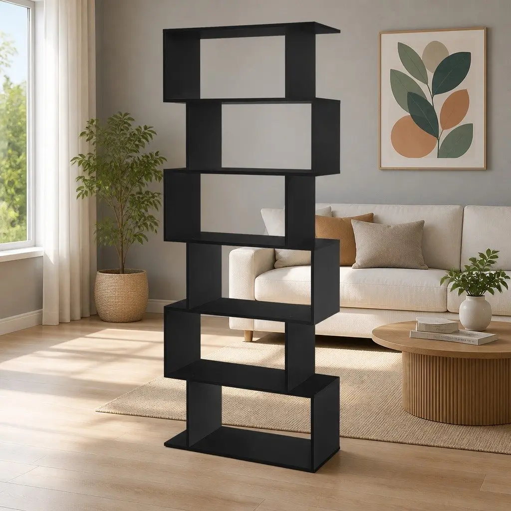 6-Tier Display Bookshelf S-Shape Storage Shelving Unit Black High Density Particle Board