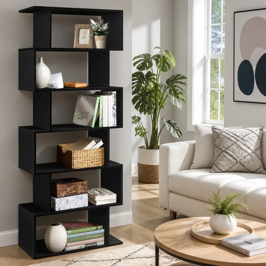 6-Tier Display Bookshelf S-Shape Storage Shelving Unit Black High Density Particle Board