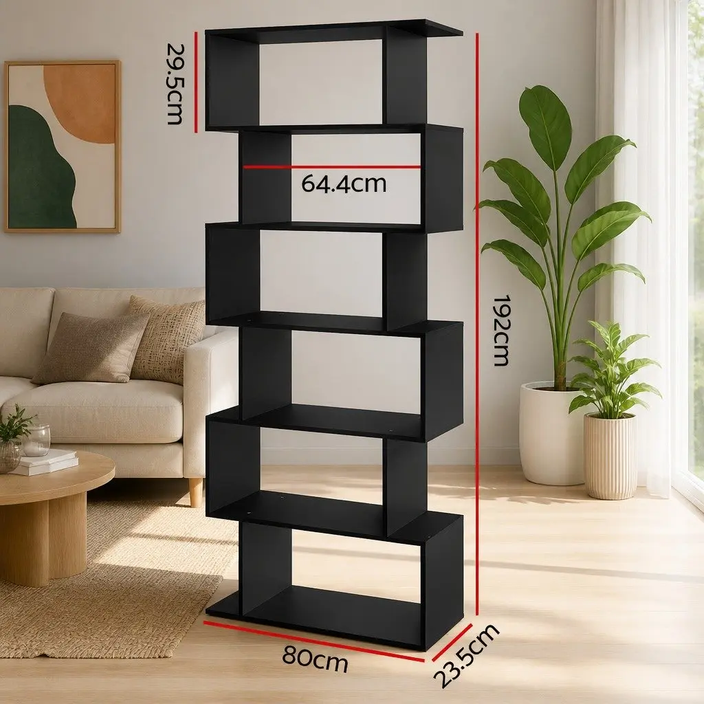 6-Tier Display Bookshelf S-Shape Storage Shelving Unit Black High Density Particle Board