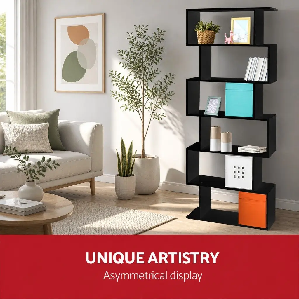 6-Tier Display Bookshelf S-Shape Storage Shelving Unit Black High Density Particle Board
