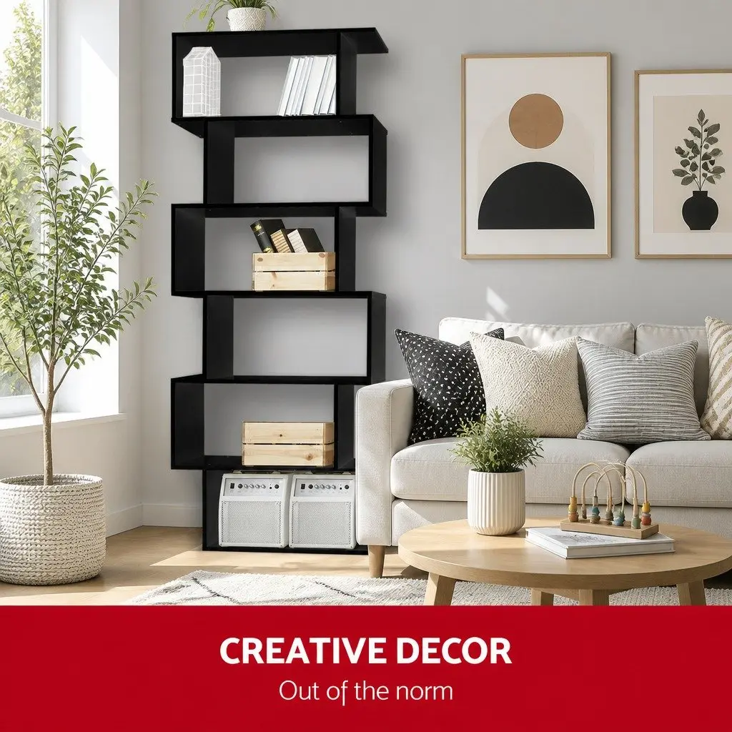 6-Tier Display Bookshelf S-Shape Storage Shelving Unit Black High Density Particle Board