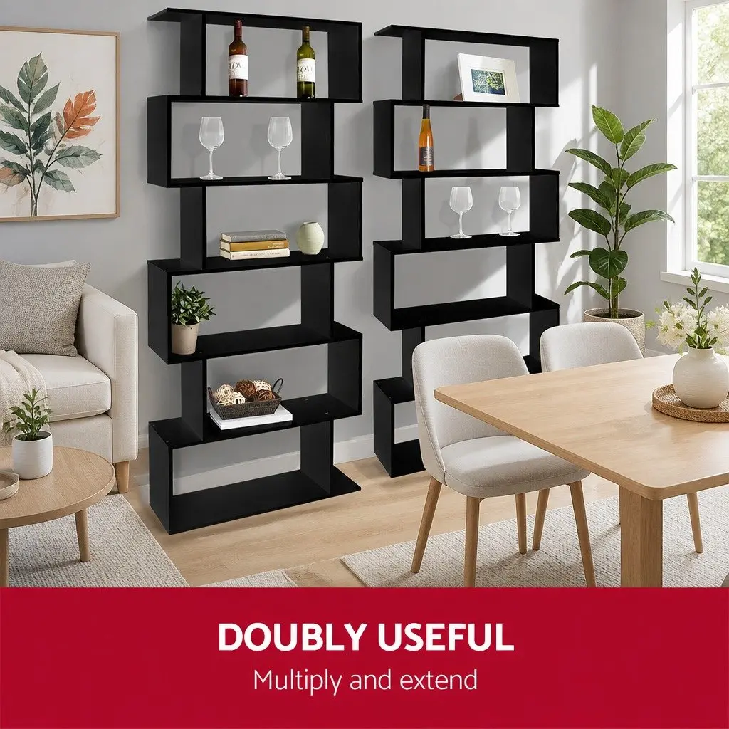 6-Tier Display Bookshelf S-Shape Storage Shelving Unit Black High Density Particle Board