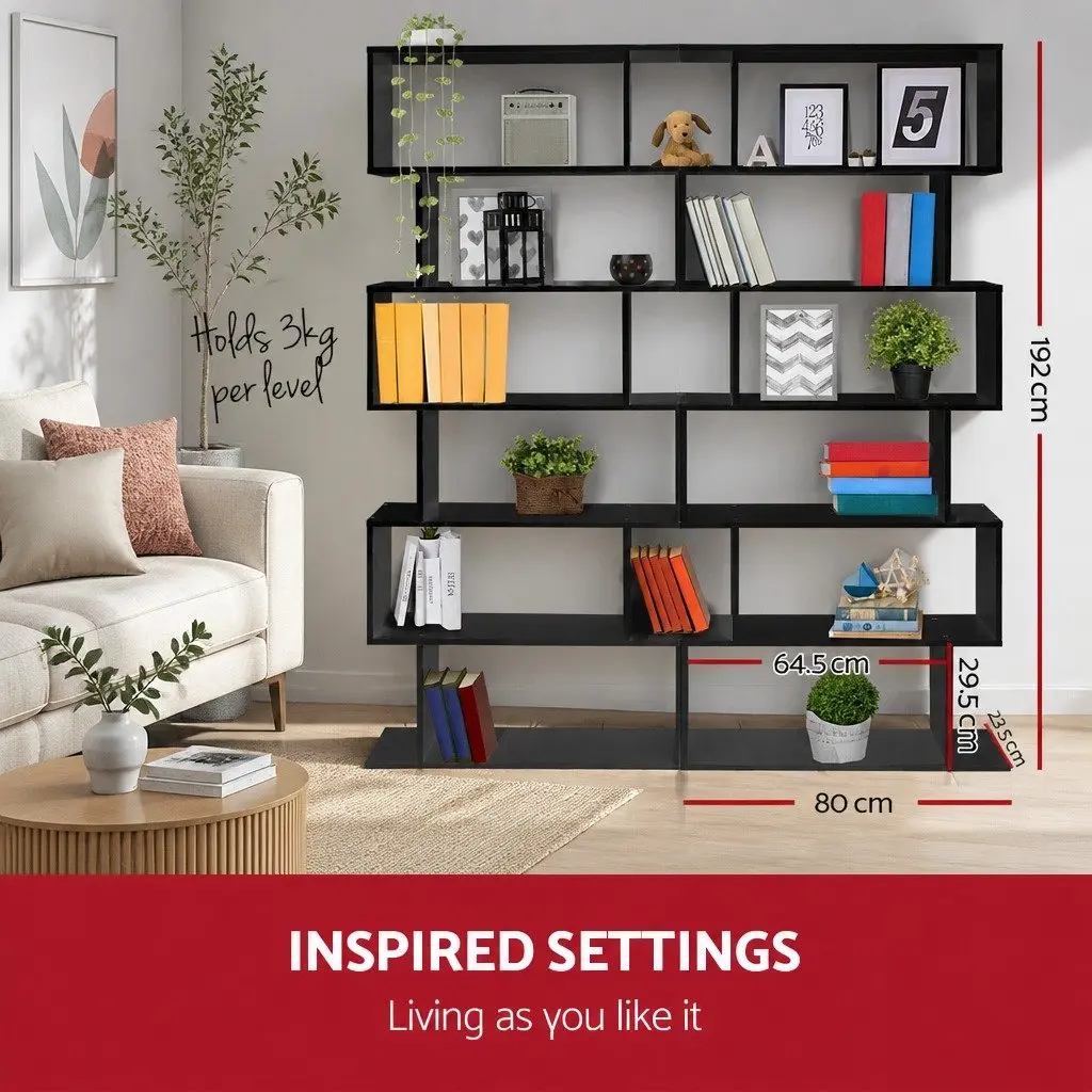 6-Tier Display Bookshelf S-Shape Storage Shelving Unit Black High Density Particle Board