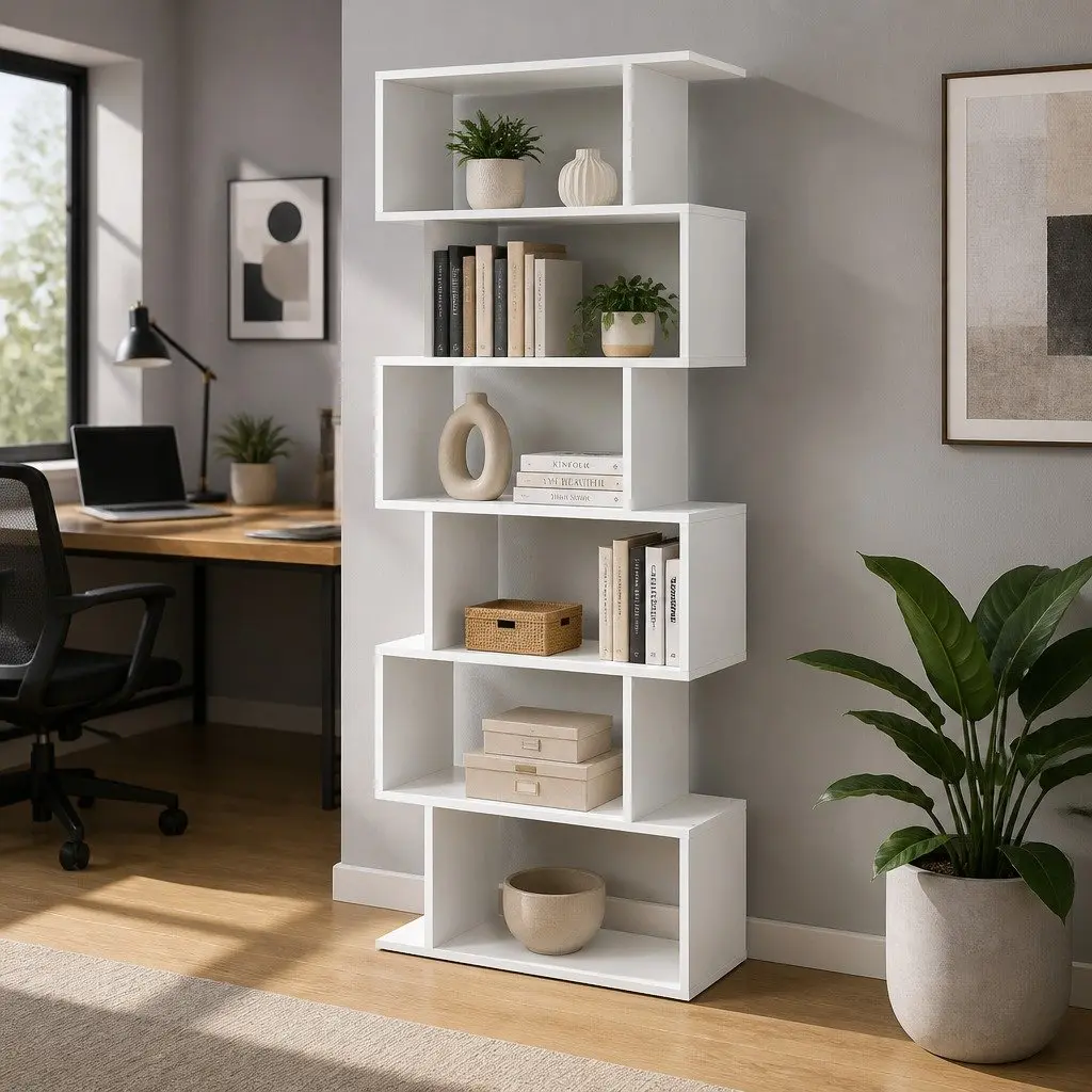 6-Tier Display Shelf S-Shape White High Density Particle Board Living Room Storage Organiser