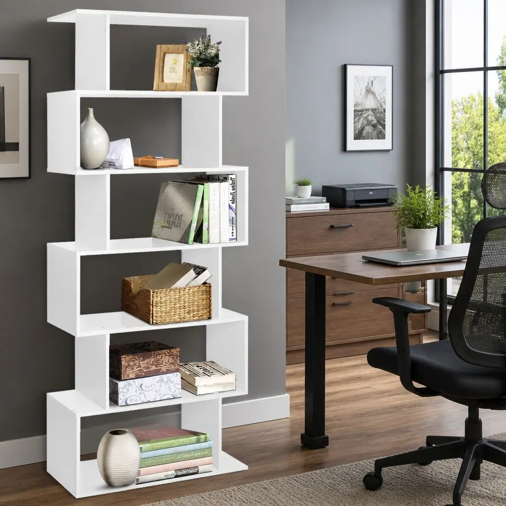6-Tier Display Shelf S-Shape White High Density Particle Board Living Room Storage Organiser