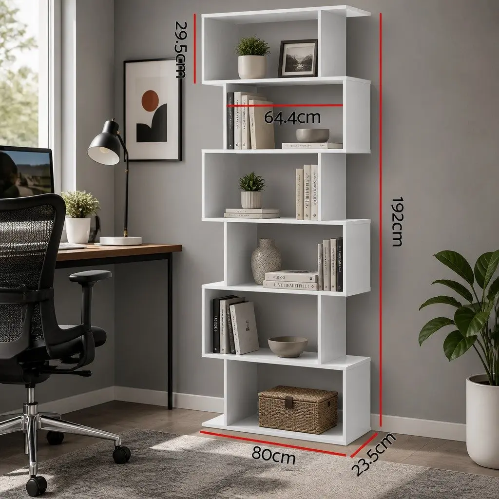 6-Tier Display Shelf S-Shape White High Density Particle Board Living Room Storage Organiser