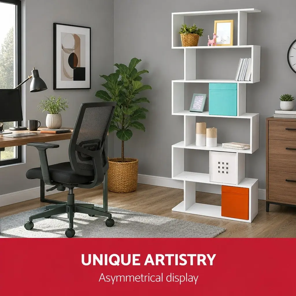 6-Tier Display Shelf S-Shape White High Density Particle Board Living Room Storage Organiser