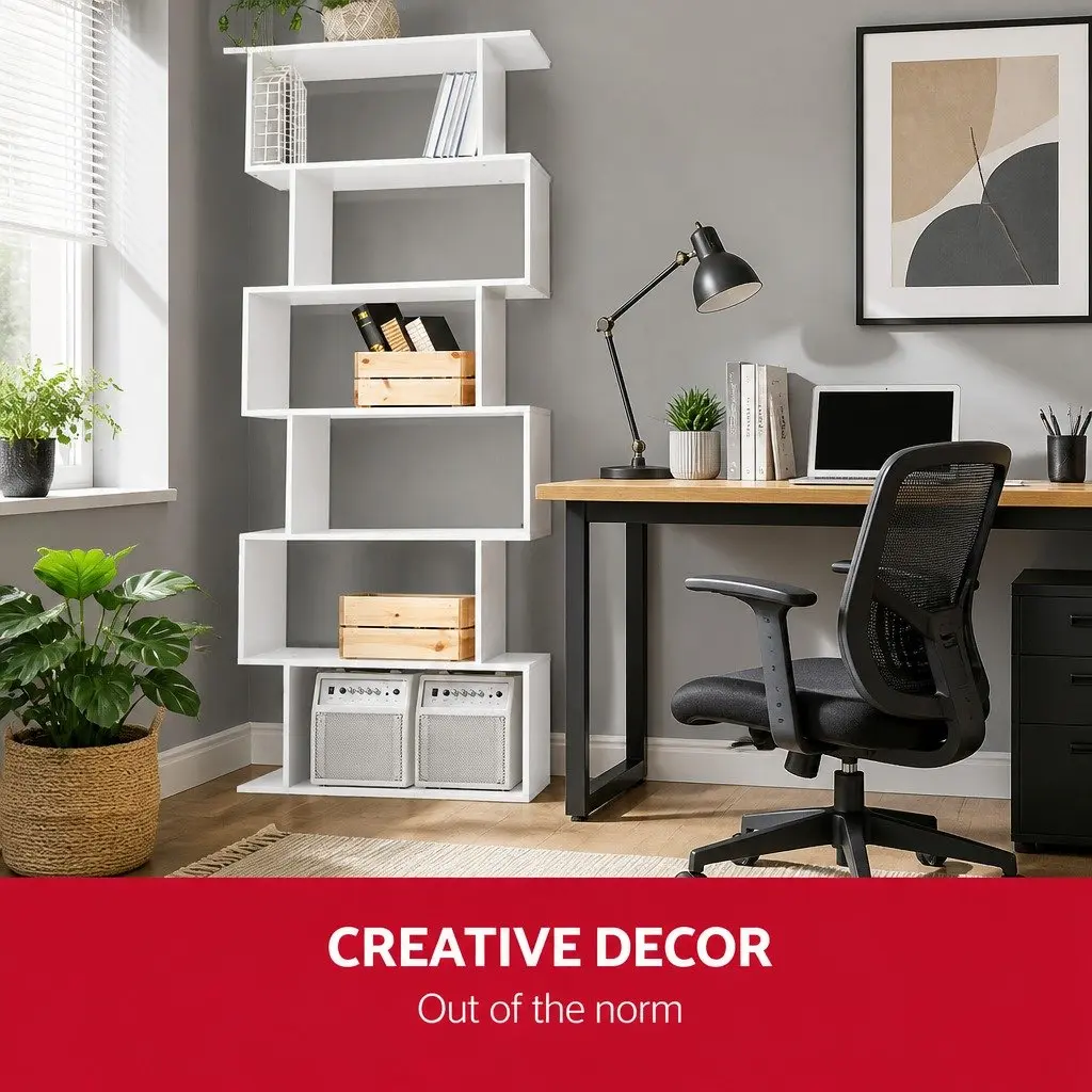 6-Tier Display Shelf S-Shape White High Density Particle Board Living Room Storage Organiser