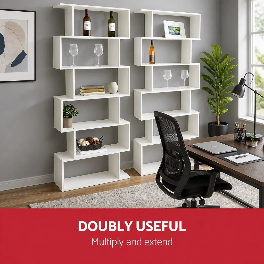 6-Tier Display Shelf S-Shape White High Density Particle Board Living Room Storage Organiser