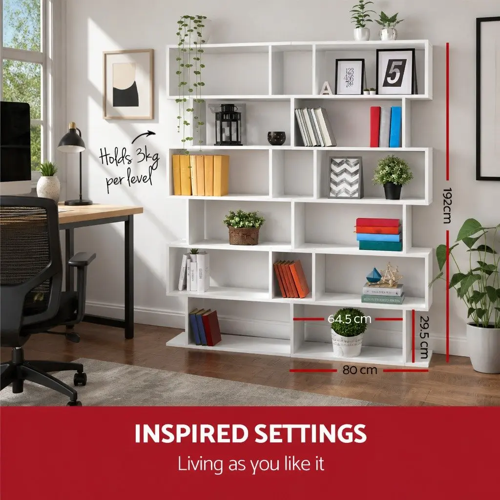 6-Tier Display Shelf S-Shape White High Density Particle Board Living Room Storage Organiser