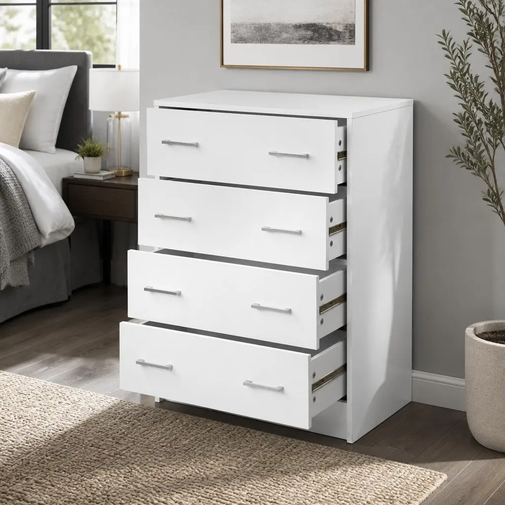 White 4 Drawer Tallboy Chest for Bedroom Storage