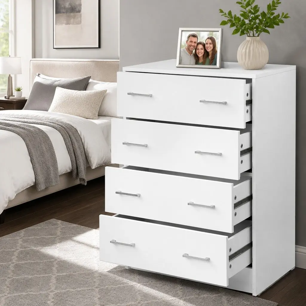 White 4 Drawer Tallboy Chest for Bedroom Storage