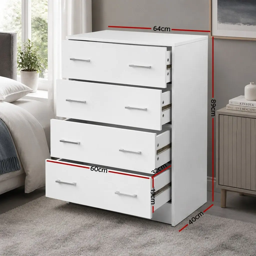 White 4 Drawer Tallboy Chest for Bedroom Storage