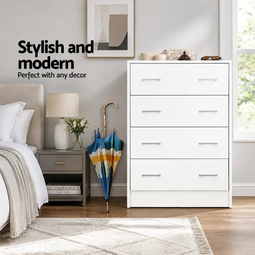 White 4 Drawer Tallboy Chest for Bedroom Storage