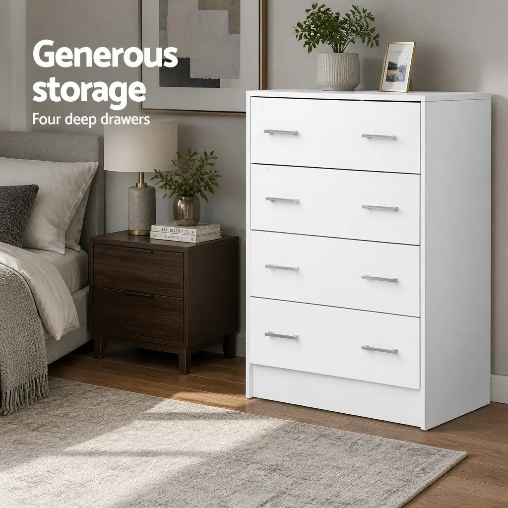White 4 Drawer Tallboy Chest for Bedroom Storage