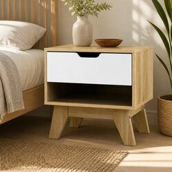 Two-Tone White Oak Bedside Table with Drawer and Shelf
